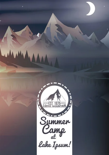 Zonsondergang met bergtoppen, Summer Camp Flyer - Vector Illustrati — Stockvector