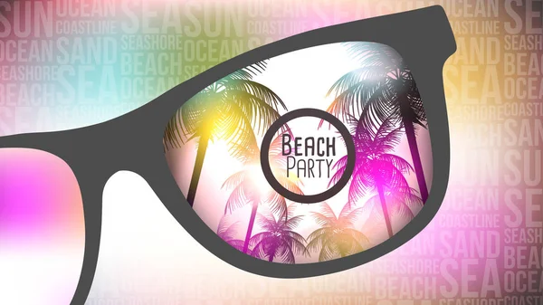 Design de panfleto de festa de praia de verão com óculos de sol no Backg desfocado — Vetor de Stock