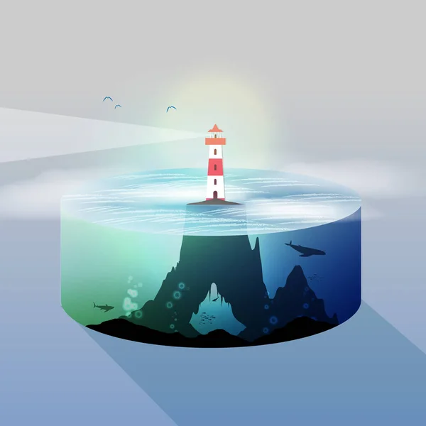 Leuchtturm Insel Wasserscheibe und Unterwasserblick - Vektor illus — Stockvektor