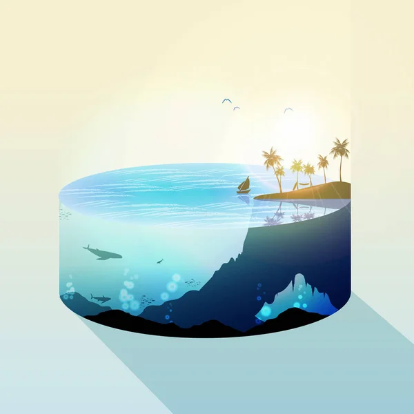 Tropische Insel mit Palmen Wasserscheibe und Unterwasserblick — Stockvektor