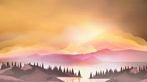 Résumé Montagnes du lever du soleil avec lac et forêt de pins - Vecteur Il — Image vectorielle