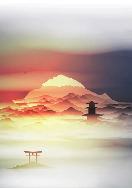 Japanese Landscape Background with Mountains and Arch Sunset wit — Stock Vector