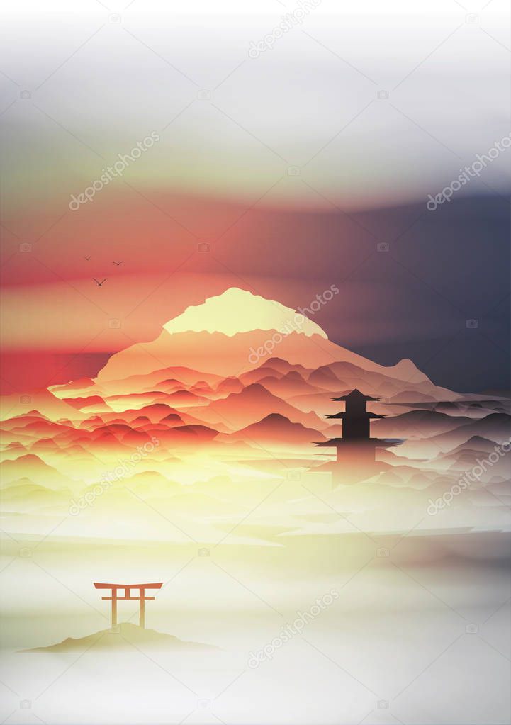 Japanese Landscape Background with Mountains and Arch Sunset wit