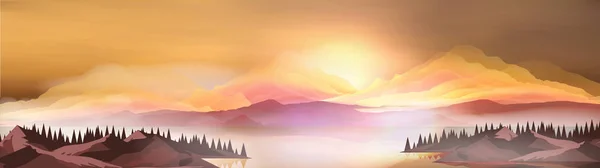 Abstracto amanecer Panorama Montañas con lago y bosque de pinos  - — Archivo Imágenes Vectoriales