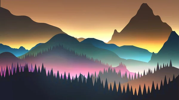 Montañas del amanecer abstractas con lago y bosque de pinos - Vector Il — Vector de stock