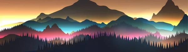 湖と松林に抽象的な日の出パノラマ山 - — ストックベクタ