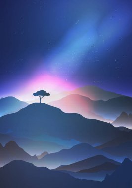 Yalnız bir ağaç - vektör Illustra dağlarda yıldızlı gece