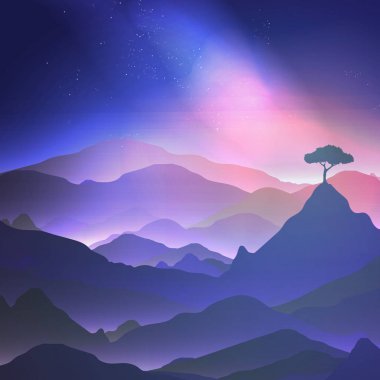 Yalnız bir ağaç - vektör Illustra dağlarda yıldızlı gece