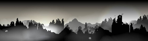 Destroyed city Panorama, Buildings in Ruin - Vector Illustration