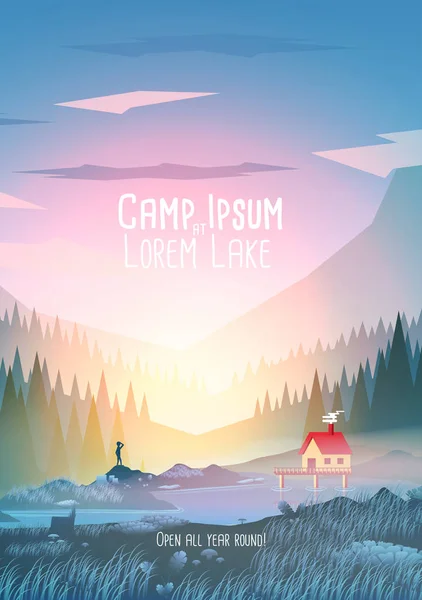 Affiche de vacances au camp d'été avec Mountain Lake - Vector Illustra — Image vectorielle