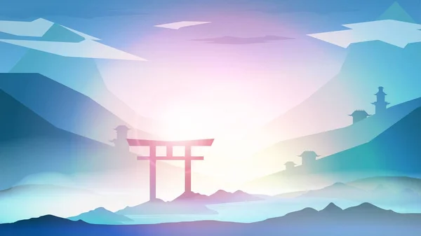 Latar Belakang Lanskap Jepang dengan Pegunungan dan Arch Sunset wit - Stok Vektor