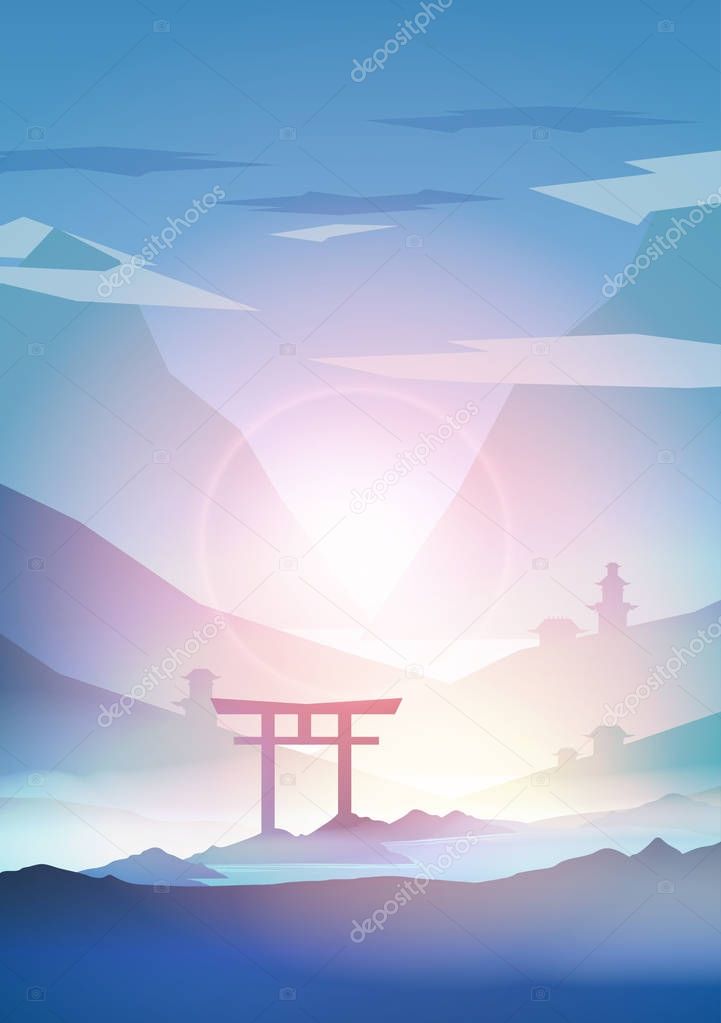 Japanese Landscape Background with Mountains and Arch Sunset wit