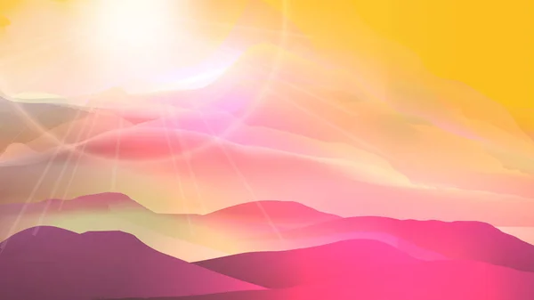 Pôr do sol ou Dawn Over Silk Mountains Paisagem - Vector Illustrati — Vetor de Stock