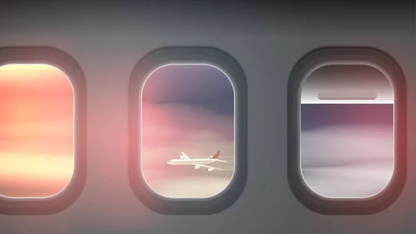 Olhando para as janelas de um avião, para as nuvens e outro Aeropl — Vetor de Stock