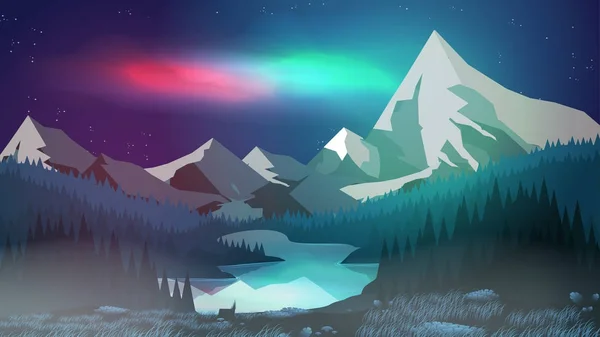 Tallskog med Mountain Lake på natten, Aurora - vektor Illustr — Stock vektor