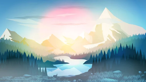 Forêt de pins avec lac de montagne au lever ou au coucher du soleil - Vector Ill — Image vectorielle