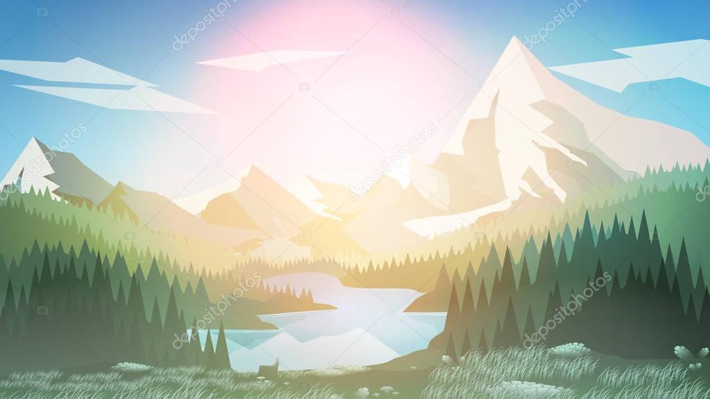 Pine Forest with Mountain Lake  - Vector Illustration