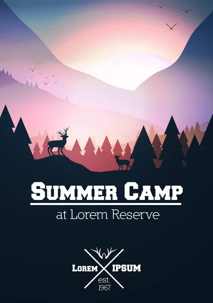 Summer Camp Flyer or Poster with Mountains, Stag on Hill Top Pin — Stock Vector