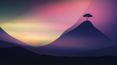 Lone Tree - vektör çizim ile dağlarda günbatımı