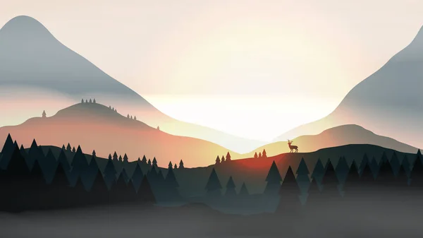 Coucher de soleil ou aube au-dessus des montagnes avec cerf sur la colline Pine Forest — Image vectorielle