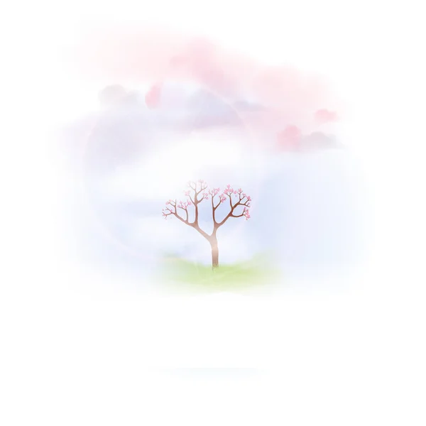 Printemps avec herbe luxuriante et arbre en fleurs - Illustration vectorielle — Image vectorielle