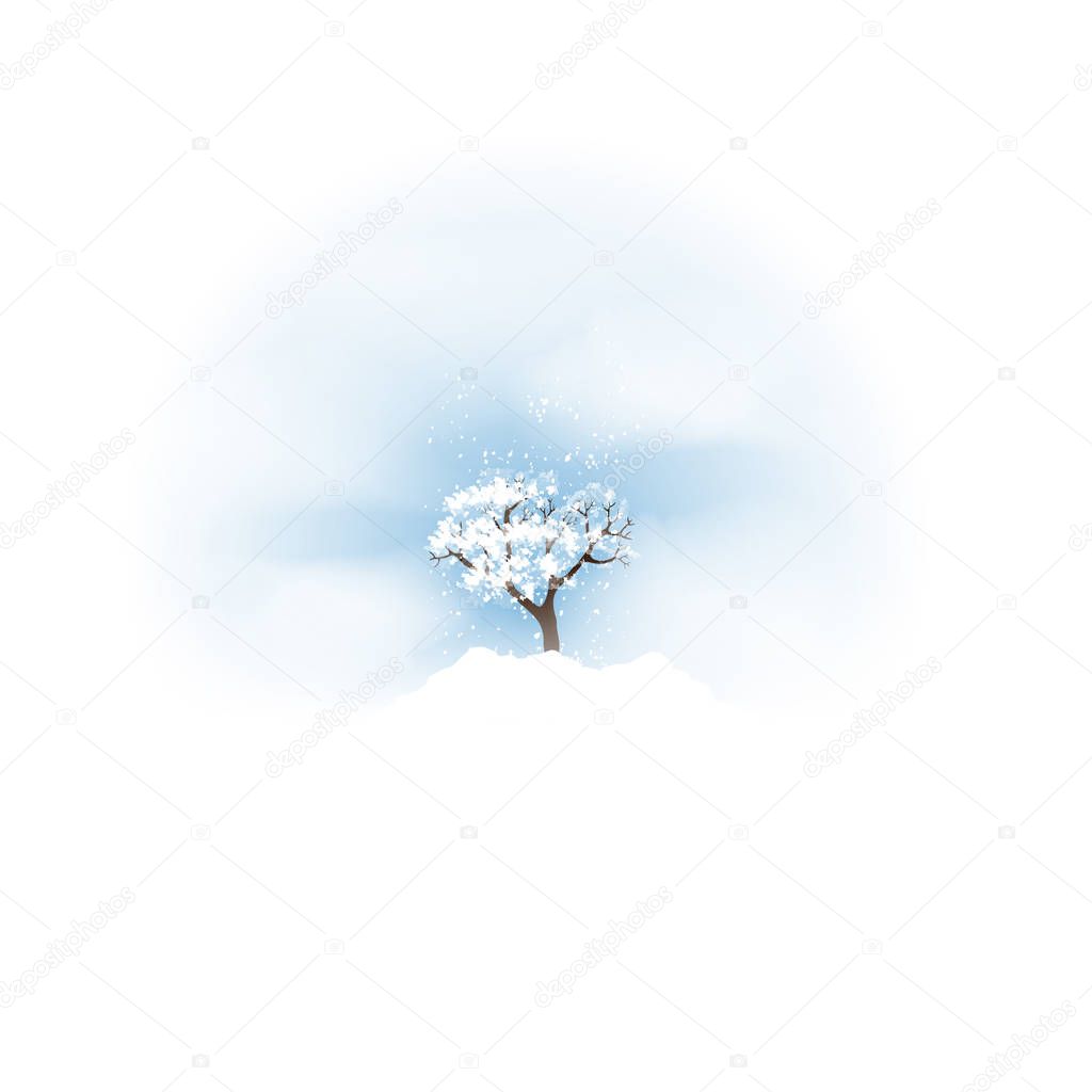 Winter with Tree and Falling Snow - Vector Illustration
