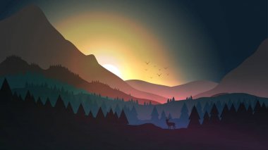 Gün batımı veya geyikten Hill üst çam ormanı ile şafak bitti Dağları 