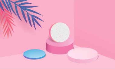 Arkaplan vektörü 3d pembe renkte, podyum ve en az pembe duvar sahnesi, soyut arka plan 3d, soyut geometrik şekil pembe pastel renkte. Ödüller için modern web sitesinde sahne.
