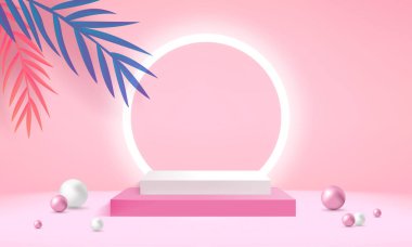 Arkaplan vektörü 3d pembe renkte, podyum ve en az pembe duvar sahnesi, soyut arka plan 3d, soyut geometrik şekil pembe pastel renkte. Ödüller için modern web sitesinde sahne.