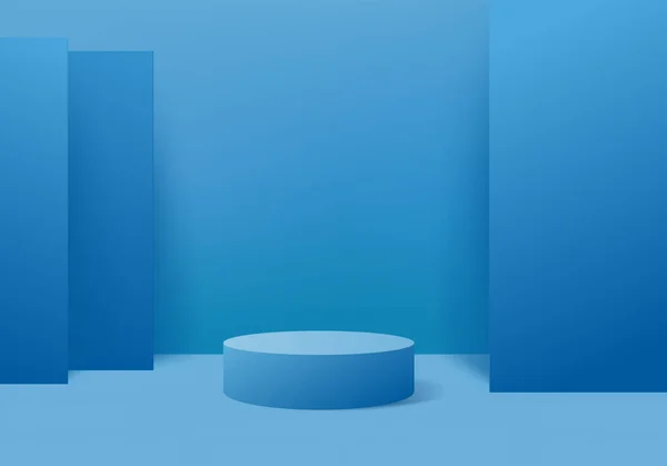 Podium in abstract blue composition, 3d render, 3d illustration, Background mockup 3d Blue with podium and minimal pink wall scene, 3d mockup abstract geometric shape blue pastel color. Stage for awards on website in modern.
