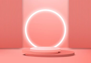 Arkaplan vektörü 3d pembe renkte, podyum ve en az pembe duvar sahnesi, soyut arka plan 3d, soyut geometrik şekil pembe pastel renkte. Modern web sitesinde ödül için sahne. 3D stand for show kozmetik ürünleri.