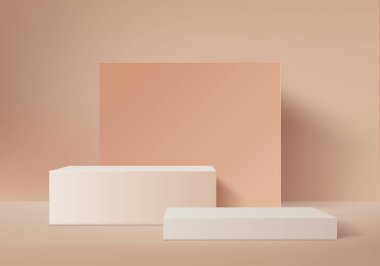 Geometrik platformlu 3d arkaplan ürünleri en az podyum sahnesi. 3d arkaplan vektörü podyum ile hazırlanıyor. Kozmetik ürünlerini gösteriyor. Temel modern stüdyo kahverengi pastel üzerine sahne gösterisi.