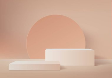 Geometrik platformlu 3d arkaplan ürünleri en az podyum sahnesi. 3d arkaplan vektörü podyum ile hazırlanıyor. Kozmetik ürünlerini gösteriyor. Temel modern stüdyo kahverengi pastel üzerine sahne gösterisi.