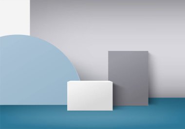 Arkaplan vektörü 3d mavi renkte silindir podyum ve yaz duvarı sahnesi, soyut arkaplan 3d, soyut geometrik şekil mavi pastel renkte. Kozmetik gösterimi için 3d düzenleme