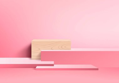 Arkaplan vektörü 3d pembe renkte, podyum ve en az pembe duvar sahnesi, soyut arka plan 3d, soyut geometrik şekil pembe pastel renkte. Modern web sitesinde ödül için sahne. 3D stand for show kozmetik ürünleri.