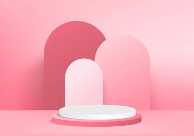 Arkaplan vektörü 3d pembe renkte, podyum ve en az pembe duvar sahnesi, soyut arka plan 3d, soyut geometrik şekil pembe pastel renkte. Modern web sitesinde ödül için sahne. 3D stand for show kozmetik ürünleri.