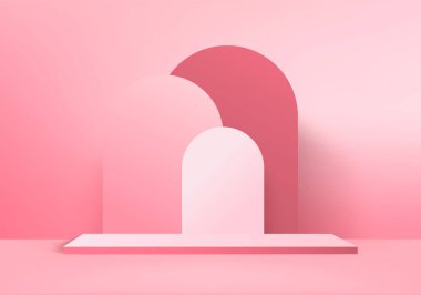 Arkaplan vektörü 3d pembe renkte, podyum ve en az pembe duvar sahnesi, soyut arka plan 3d, soyut geometrik şekil pembe pastel renkte. Modern web sitesinde ödül için sahne. 3D stand for show kozmetik ürünleri.