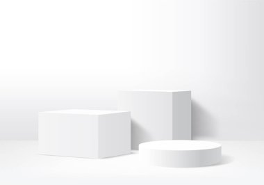 Arkaplan vektörü 3d beyaz podyum ve minimal beyaz duvar sahnesi, soyut arkaplan 3d, soyut geometrik şekil, beyaz pastel renk. Modern web sitesinde ödül için sahne. 3D stand for show kozmetik ürünleri.