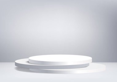 Arkaplan vektörü 3d beyaz podyum ve minimal beyaz duvar sahnesi, soyut arkaplan 3d, soyut geometrik şekil, beyaz pastel renk. Modern web sitesinde ödül için sahne. 3D stand for show kozmetik ürünleri.