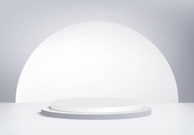 Arkaplan vektörü 3d beyaz podyum ve minimal beyaz duvar sahnesi, soyut arkaplan 3d, soyut geometrik şekil, beyaz pastel renk. Modern web sitesinde ödül için sahne. 3D stand for show kozmetik ürünleri.