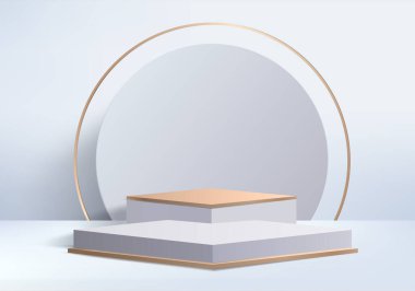 Arkaplan vektörü 3d beyaz podyum ve minimal beyaz duvar sahnesi, soyut arkaplan 3d, soyut geometrik şekil, beyaz pastel renk. Modern web sitesinde ödül için sahne. 3D stand for show kozmetik ürünleri.