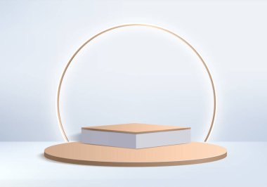 Arkaplan vektörü 3d beyaz podyum ve minimal beyaz duvar sahnesi, soyut arkaplan 3d, soyut geometrik şekil, beyaz pastel renk. Modern web sitesinde ödül için sahne. 3D stand for show kozmetik ürünleri.