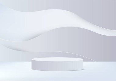 Arkaplan vektörü 3d beyaz podyum ve minimal beyaz duvar sahnesi, soyut arkaplan 3d, soyut geometrik şekil, beyaz pastel renk. Modern web sitesinde ödül için sahne. 3D stand for show kozmetik ürünleri.