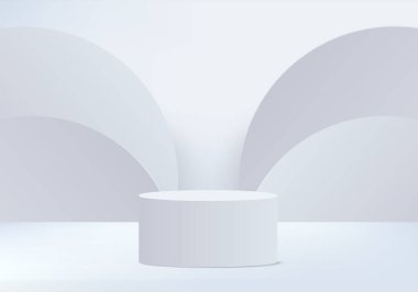 Arkaplan vektörü 3d beyaz podyum ve minimal beyaz duvar sahnesi, soyut arkaplan 3d, soyut geometrik şekil, beyaz pastel renk. Modern web sitesinde ödül için sahne. 3D stand for show kozmetik ürünleri.