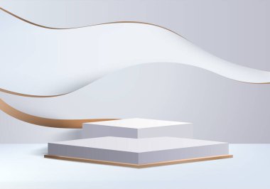 Arkaplan vektörü 3d beyaz podyum ve minimal beyaz duvar sahnesi, soyut arkaplan 3d, soyut geometrik şekil, beyaz pastel renk. Modern web sitesinde ödül için sahne. 3D stand for show kozmetik ürünleri.
