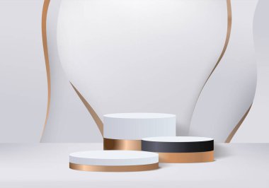 Arkaplan vektörü 3d beyaz podyum ve minimal beyaz duvar sahnesi, soyut arkaplan 3d, soyut geometrik şekil, beyaz pastel renk. Modern web sitesinde ödül için sahne. 3D stand for show kozmetik ürünleri.