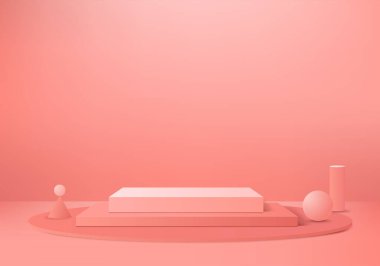 Arkaplan vektörü 3d pembe renkte, podyum ve en az pembe duvar sahnesi, soyut arka plan 3d, soyut geometrik şekil pembe pastel renkte. Modern web sitesinde ödül için sahne. 3D stand for show kozmetik ürünleri.