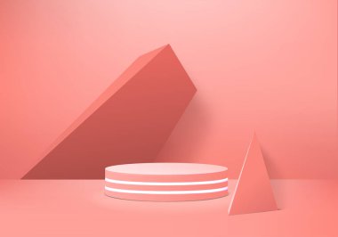 Arkaplan vektörü 3d pembe renkte, podyum ve en az pembe duvar sahnesi, soyut arka plan 3d, soyut geometrik şekil pembe pastel renkte. Modern web sitesinde ödül için sahne. 3D stand for show kozmetik ürünleri.