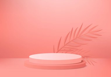 Arkaplan vektörü 3d pembe renkte, podyum ve en az pembe duvar sahnesi, soyut arka plan 3d, soyut geometrik şekil pembe pastel renkte. Modern web sitesinde ödül için sahne. 3D stand for show kozmetik ürünleri.
