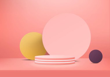 Arkaplan vektörü 3d pembe renkte, podyum ve en az pembe duvar sahnesi, soyut arka plan 3d, soyut geometrik şekil pembe pastel renkte. Modern web sitesinde ödül için sahne. 3D stand for show kozmetik ürünleri.